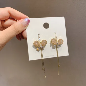 

South Korea Dongdaemun Celebrity Style Female Delicacy Zircon Butterfly Earrings Immortal Elegant Versatile Crystal Long