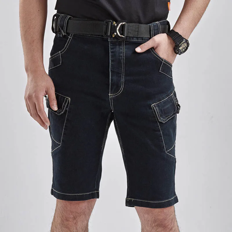KIOVNO Men's Cargo Denim Shorts With Multi Pockets Military Style Jeans Shorts For Male Outdoor Blue Black (2)
