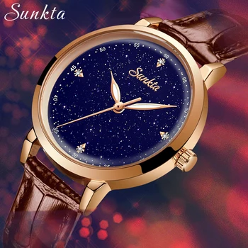 

SUNKTA High Quality Leather Watch Ladies Casual Fashion Ladies Watch Analog Quartz Watch Ladies Waterproof Clock Reloj Mujer+Box