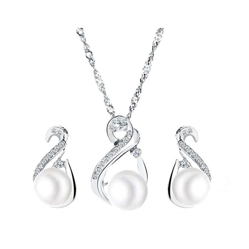 Crystal Pearl Pendant Necklace Earrings 