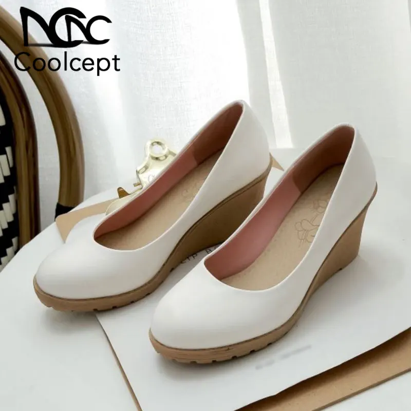 

Coolcept Women Flat Shoes Fashion Wedges Heels Platform Shoes Women Modern Round Toe Slip On Casual Lady Footwear Size 34-43
