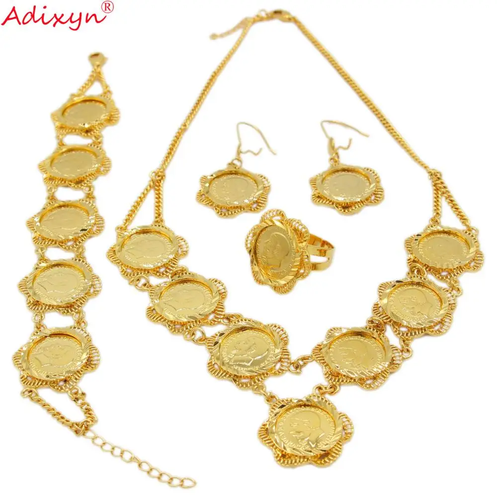 Adixyn conjunto de joias femininas n10093, colar com pulseira de moedas douradas, brincos e anéis, joias para casamento e presente