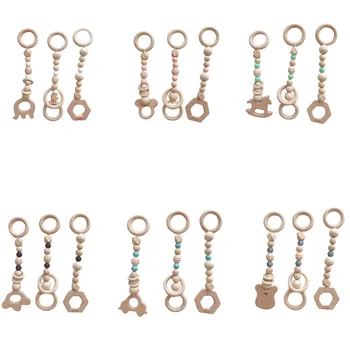 

New 3PCS/Set Baby Play Gym Silicone Beads Wood Teether Toddler Hanger Rattle Wood Ring Teething Toys Newborn Baby Pram Toy