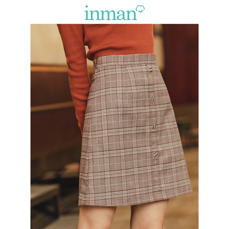

INMAN 2019 Autumn New Arrival Retro Young Girl Literary A-line Minimalism All Matched Plaid Women Short Skirt