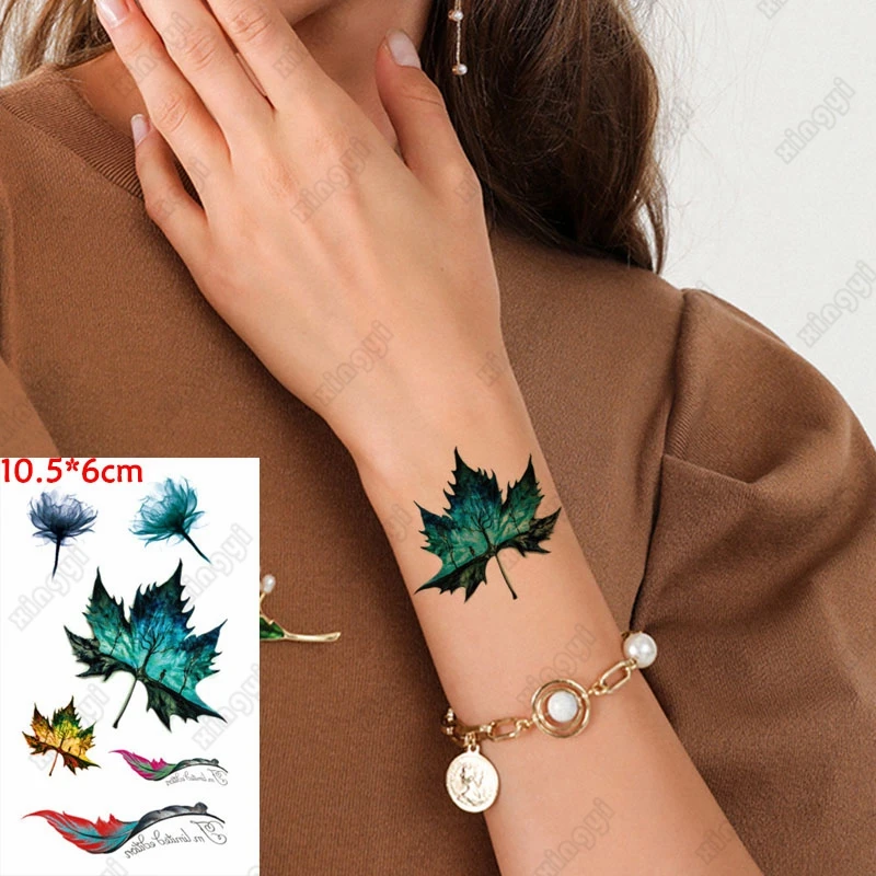 

Waterproof Temporary Tattoo Sticker Plant Tree Yellow Maple Leaf Flower Feather Body Art Flash Tatoo Fake Tatto for Woman Men