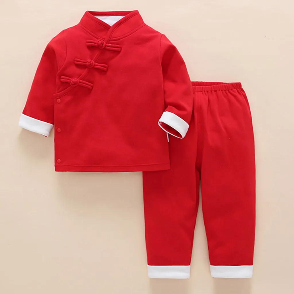 Комплект одежды из 2 предметов для новорожденных мальчиков и девочек новогодний топ с длинными рукавами в китайском стиле+ однотонные штаны, комплект одежды