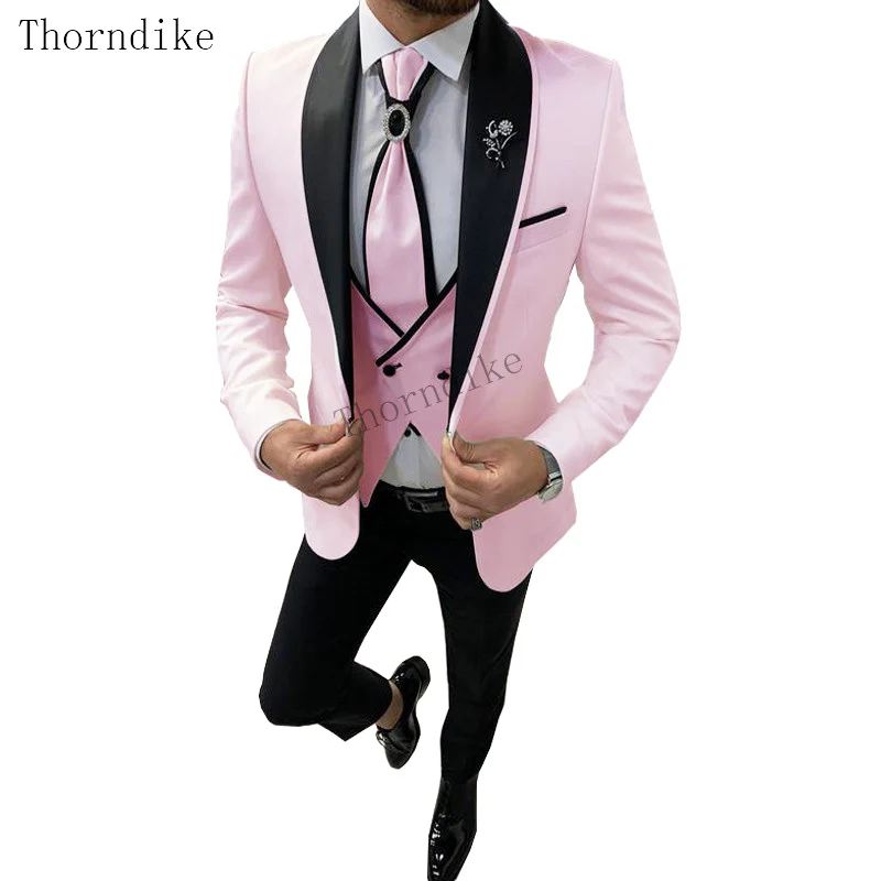 Thorndike White With Black Lapel Suits for Men Made Slim Groom 3 Piece Wedding Mens Suit (Jacket+Pants+Vest)