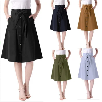 

Summer Autumn High Waist Skirts Womens Midi Knee Length Korean Elegant Button Skirt Female Pleated School Skirt