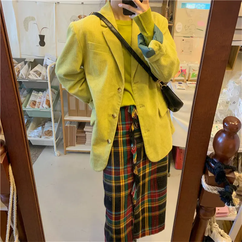 

HziriP All Match Casual Yellow High Quality Streetwear 2020 Tops Full Sleeves Chic Solid Loose Office Lady Fashion Women Blazers