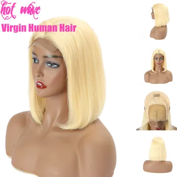 

Hot Wave Cuticle Aligned Brazilian Raw Virgin Human Hair Front Lace Bob Wig for Women 613 Blond Middle Part 4*4 Straight