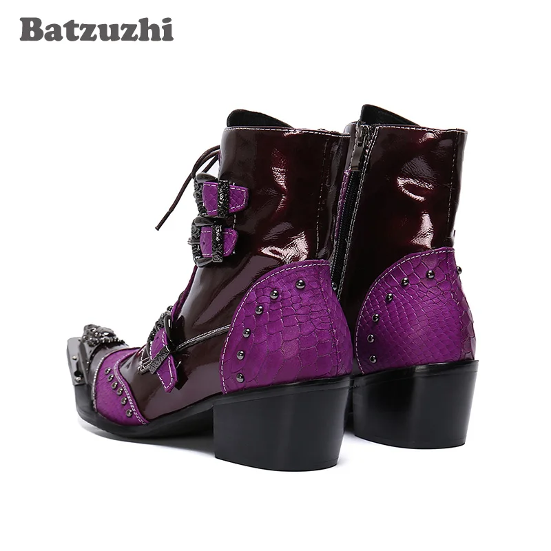 Batzuzhi 6.5cm Heels Punk Botas Hombre Ankle Genuine Leather Boots Men Pointed Metal Toe Motorcycle Men Boots Bota Masculina