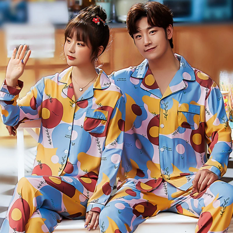 

2020 Autumn Women's Pajamas Sets with Flower Print Fashion Luxury Female Faux Silk Two Pieces Shirts + Pants Nighties Sleepwear