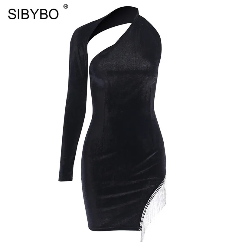 SIBYBO/сексуальное платье на одно плечо с кисточками и бриллиантами, женское мини-платье с длинным рукавом и разрезом, вечерние платья с открытой спиной, черное платье для ночного клуба