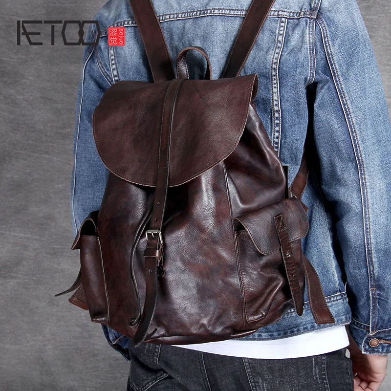 

BJYL Vintage cowhide Backpack Large capacity handmade leather backpack male and female backpack
