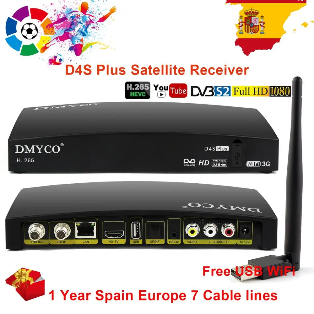 

Spain TV Satellite Receiver 1080P DVB-S2 LNB Digital TV Receive Decoder H.265 Youtube Video Recepctor Add 1 Year Europe Server