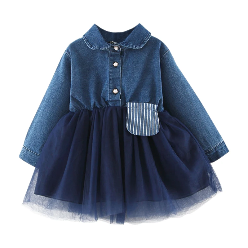 

New Baby Girl Dress 0-3T New Autumn Sweet Lovely Solid Color Toddler Girls Clothes Long-sleeved Dress Mesh Stitching Denim Dress