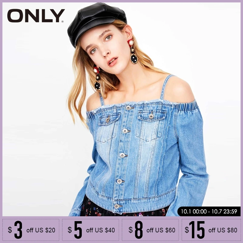 

ONLY Spring & Autumn Off Shoulder Washed Denim Jacket Coat|118154516