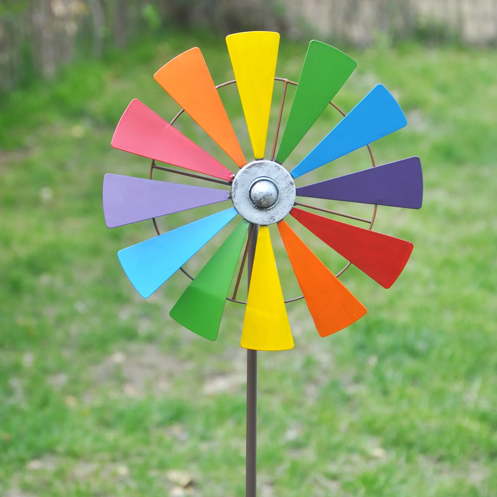 MetalWindmillArtGardenPinwheelsRainbowColorfulFlowerWindSpinnerWindmillLawnLandscape