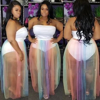 

Summer 2020 Women Two Piece Set Sexy Plus Size 5XL Rainbow Mesh See Through Dresss+Panties Off Shoulder Beach Outfits