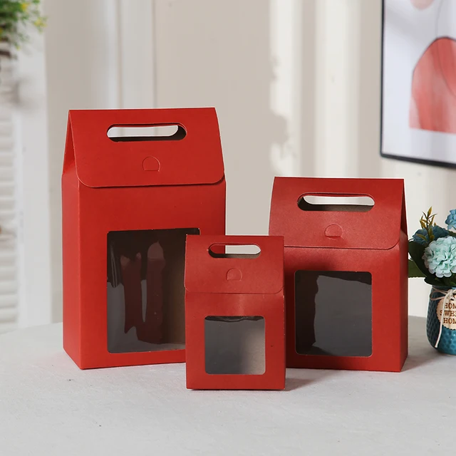 10pcs Red Blue Large Open Window Cowhide Carton Bag Kraft Handle Flap Seal Gift Box Portable Food Gift Small Color Packing Box dark red