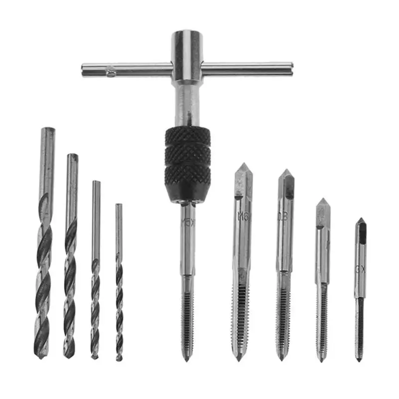 

9pcs/set Hand Screw Tap T Type Screw Thread Reamer Set M3/M4/M5/M6 Metric Taps With 4pcs Twist Drill Bits And Wrench Hand Tools