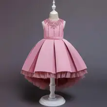 Новое поступление, Атласные Платья с цветочным узором и бусинами для девочек нарядное платье принцессы для свадьбы, вечеринки, дня рождения, детское платье для детей от 2 до 10 лет