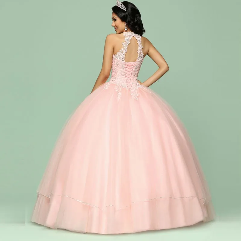 Элегантные розовые платья Quinceanera для девочек дешевые круглым вырезом Длина красивая и милая 15 лет, платье на выпускной, платья для торжеств на бретелях