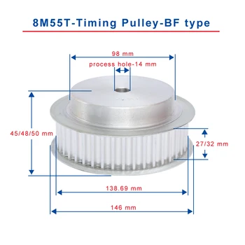 

8M 55T Timing Pulley Process Hole 14 mm Teeth Pitch 8 mm Aluminum Pulley Wheel Slot Width 27/32 mm For 25/30 mm 8M Timing Belt