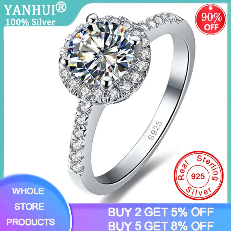 

YANHUI Real Solid 925 Sterling Silver Ring Four Claws 1ct Lab Diamond Wedding Engagement Rings For Women Fine Jewelry Gift JZ009