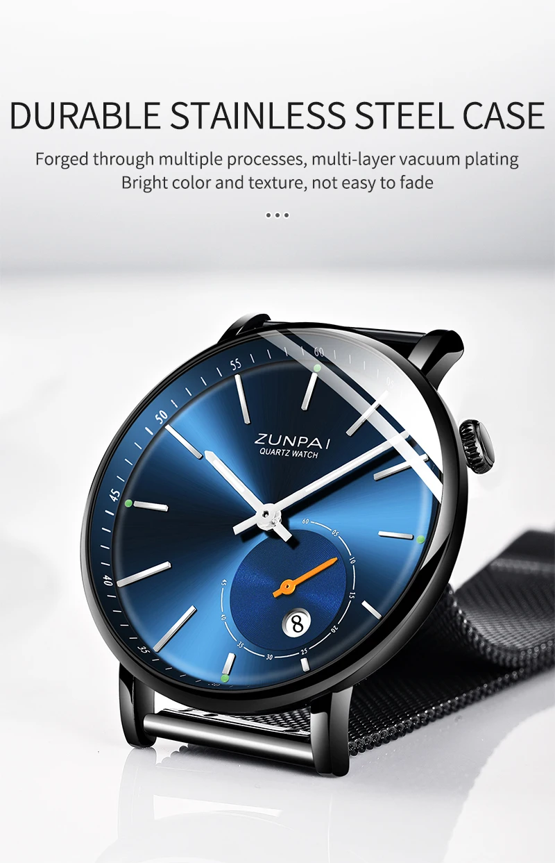 ZUNPAI Mens Watches Top Brand Luxury Waterproof Ultra Thin Date Clock Male Steel Strap Casual Quartz Watch Men WristWatch