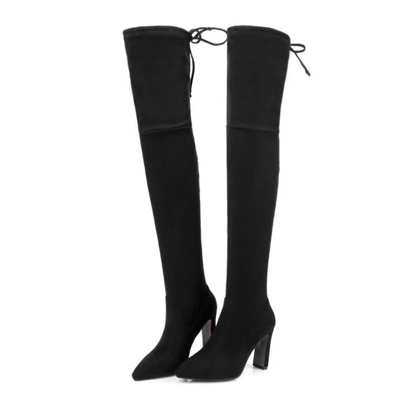 KemeKiss Size 32-46 Winter Thigh High Boots Women Lace Up Sexy Pointed Toe Add Fur Warm Stretch Shoes Women Sexy High Heel Boots