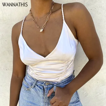 

WannaThis Deep V-Neck Spaghetti Strap Back Cross Tops Women Sleeveless Ruched Crop Top Sexy Lady Summer Solid Color Cropped Top