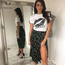 Women Fashion Sexy Floral Print Pleated Midi Skirt Women Elastic High Waist Side Skirts Summer Bohemian Sashes Female New