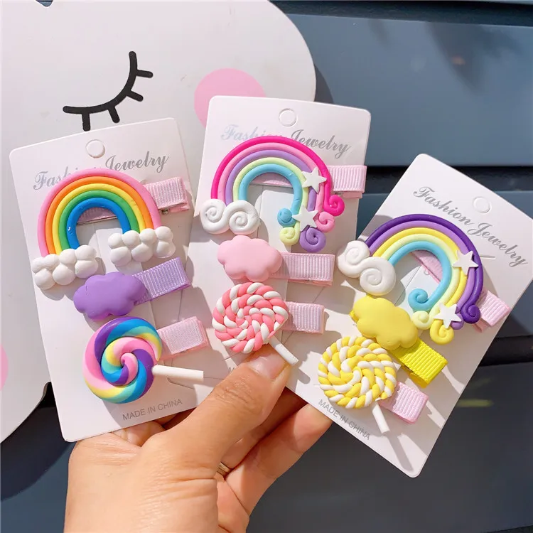 

3 Pcs Sets Lovely Sweet Korean Children's Rainbow Lollipop Hairpin Little Girl Cloud Bangs Hairpin Hair Clip