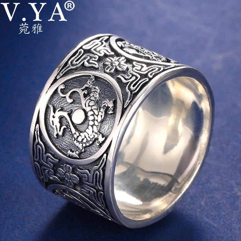 Najtaniej V. YA 100% prawdziwe 990 czystego srebra biżuteria w stylu Vintage FourAancient bestia smok pierścienie dla mężczyzn mężczyzna wysokiej jakości srebrny pierścień biżuteria