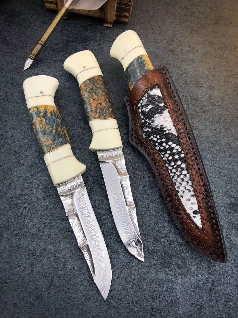 60 HRC VG10 ручной дамасский охотничий прямой нож из розового дерева Бирюзовая ручка