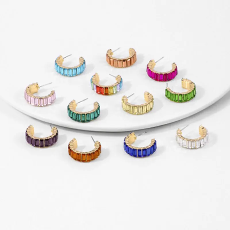 DoreenBeads Concise C Shape Women Stud Earrings Rainbow Color Rhinestone Romantic Accessories Birthday Gift 25 x 25mm | Украшения и