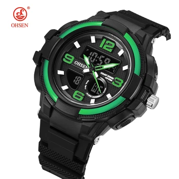 

OHSEN digital quartz Men wristwatch relogio masculino Green Silicone stopwatch Outdoor sport waterproof Dual time Watch clocks