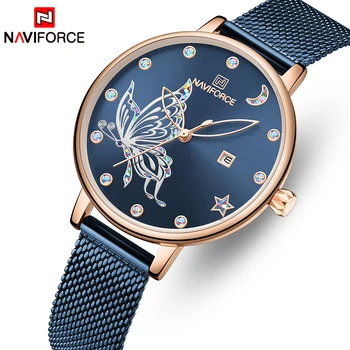 

NAVIFORCE New Women Watch Top Luxury Brand NAVIFORCE Fashion Quartz Ladies Watches Gold Blue Steel Mesh Wristwatch Female Clock