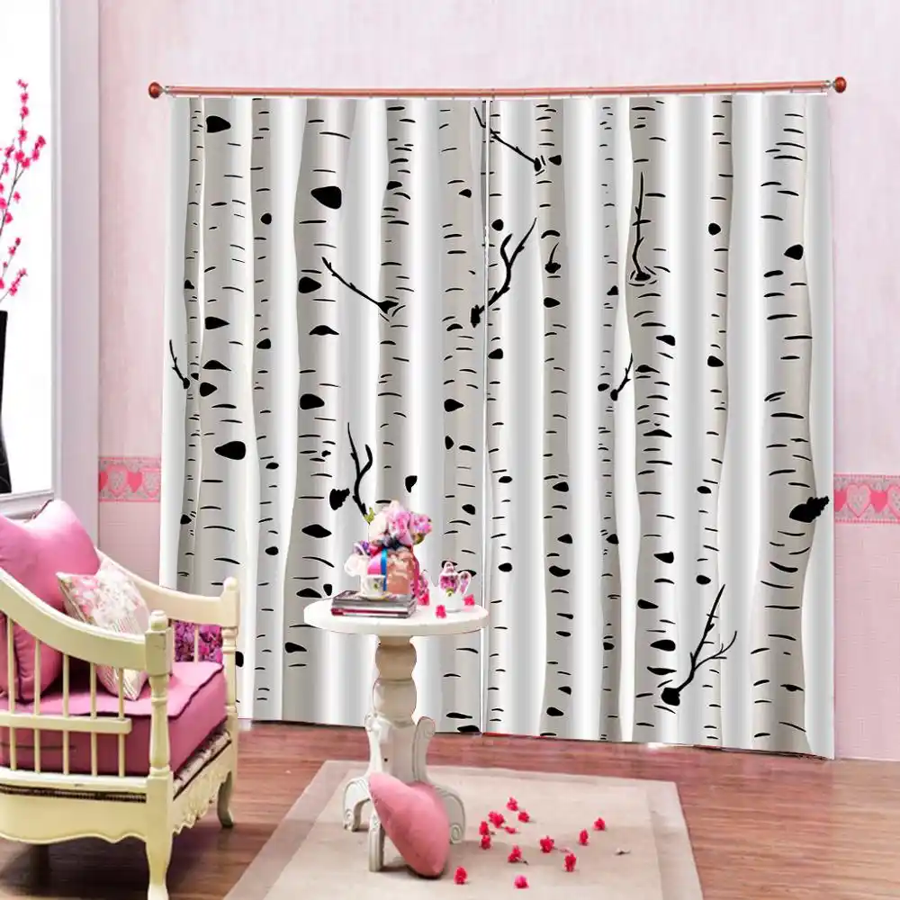 Custom Birch Tree Curtains Artistic White Branches With Leaves
