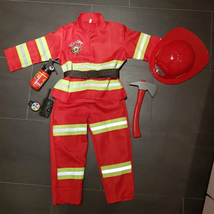 Красный пожарный Сэм пожарный Косплей Костюм для детей мальчиков и девочек Хэллоуин Рождественский подарок на день рождения Пожарная служба униформа Одежда - Цвет: Costume and toys
