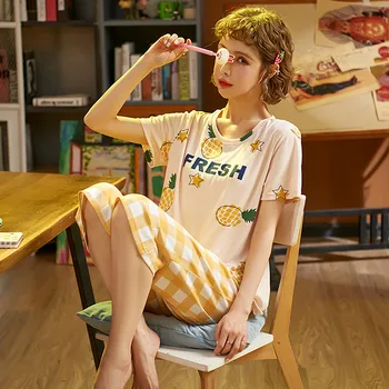 

Pineapple cute printed cartoon home service O-collar student pajamas 2020 summer 2 piece suit short sleeve comfortable pajamas