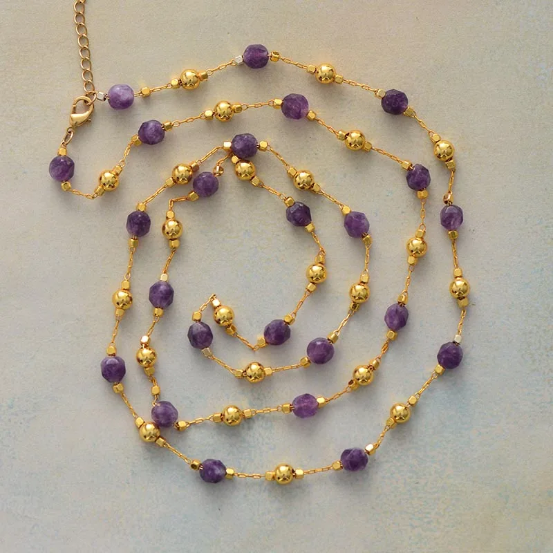Luxury Natural Stones Amethysts Lariat Necklace Women Exquisite Beaded Simple Layers Necklace Teengirl OL Jewelry Gifts