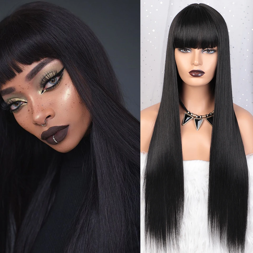 

Stamped Glorious Long Black Straight Synthetic Wigs With Bangs Wigs For Black Women Natural Hair Cosplay Wig For Girls