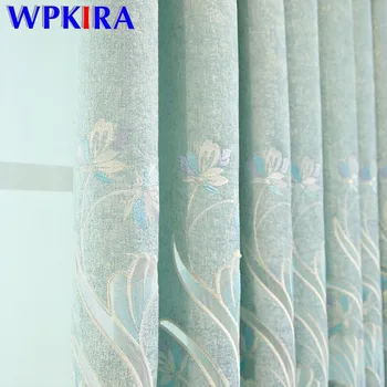 

Europe Chenille Fabric Lake Blue Embroidered Shade Curtain for Bedroom Living room Stitching Yellow Sheer Tulle Window Rideau D4