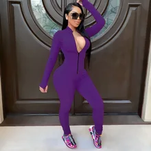 Sexy Solid Color Long Sleeve Deep V Bodycon Rompers Womens Jumpsuit Sport Suit Fashion Zip Up Long Pants Overalls Fitness Set