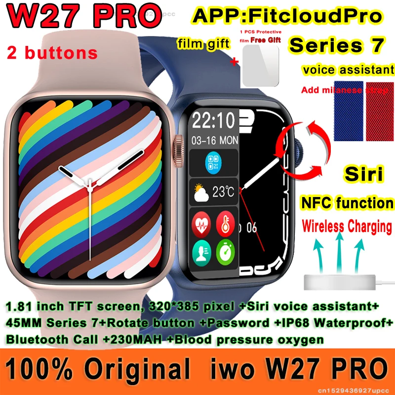 Original iwo W27 Pro Smart Watch NFC Function Siri 45mm Series 7 Wireless Charger ECG Bluetooth Call IP68 Waterproof Smartwatch |