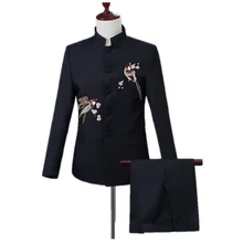 Bird and fish print men's chinese style suit set(jacket+pant) slim stand-up collar black classic business Chinese tunic suit
