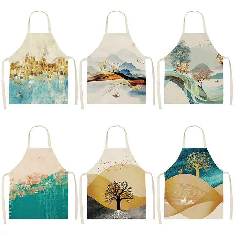 Golden Deer Butterfly Kitchen Aprons For Women Cotton Linen Bibs Household Cleaning Pinafore Home Cooking Apron 53*65cm WQL0190