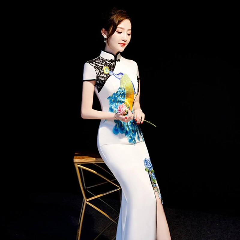 Подиум шоу хор cheongsam рыбий хвост юбка среднего возраста и пожилых команда сцена ведущий был тонкий Ципао для банкета вечернее платье